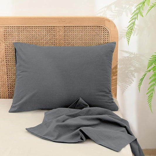 BESTOUCH 100% Washed Cotton Pillowcase for Hair and Skin Linen Feel Soft Comfortable Breathable 2 Set Pillow Case with Envelope Closure Solid Quiet Shade Grey Queen 20x30 Inches