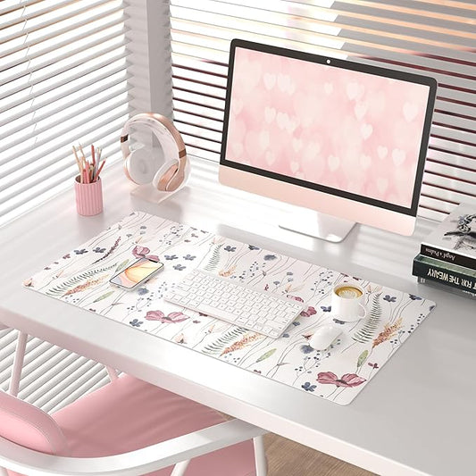 QiyI Large Mouse Pad, Cute Flower Desk Mat for Desktop, Women Girls Floral Office Décor Accessories, PU Leather Waterproof Big Gaming Mousepad, Wildflowers Desk Pad Computer Mat, 31.5" x 15.7"