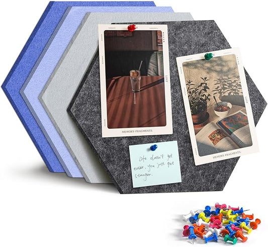 12" Large Bulletin Board with 15 Push Pins, Pack of 4 Hexagon Felt Pin Board Notice Boards for Home Office, Felt Wall Tiles for Photos Memos (Blue Grey)