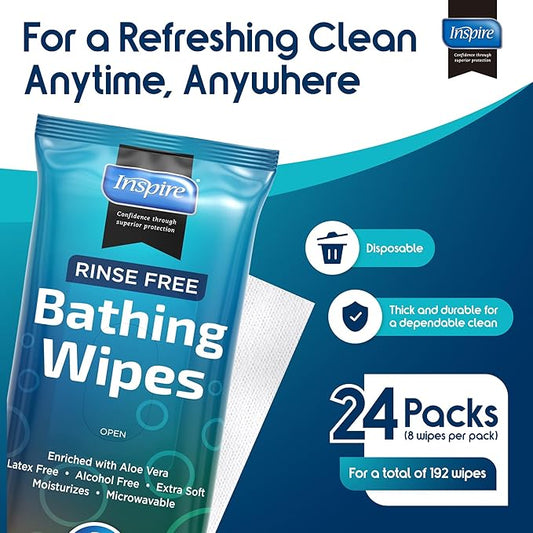 Body Wipes for adults bathing no rinse | Adult Wash Cloths Extra Large, Bathing Wipes for Incontinence, 8"x 8" In (192 count Bulk Pack) | By Inspire