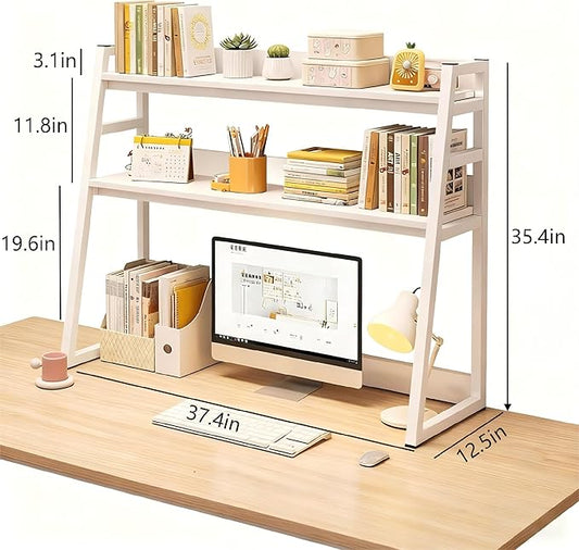 2-Tier Desktop Bookshelf, Wood Hutch Shelf Organizer, 29.9 x 12.6 x 35.4 inches, Study Room Storage Rack (White, 37 * 12 * 35in)
