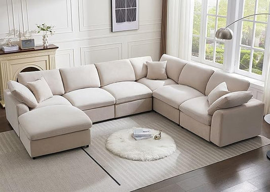 Modular Sectional Sofa Modern Oversized Chenille Cloud Couch with Movable Ottoman 7 Seater L-Shaped Sofas Comfy Couches for Living Room Spacious Space Office Lounge, Beige