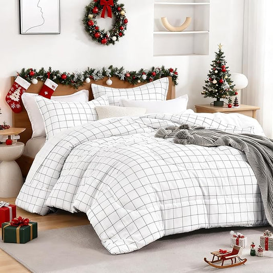 Andency Full Size Comforter Sets, White Gingham Plaid Grid Checkered Bedding Comforter Set for Teens Boys Girls Kids, 3 Pieces Lightweight Reversible Preppy Bedding Set(79x90 Inch)