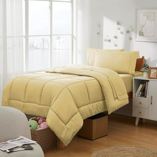 Dorm Room Essentials College Bedding Comforter Set 5 Piece Twin XL Size Bed in a Bag for College Students Boys and Girls, Twin XL, Camel