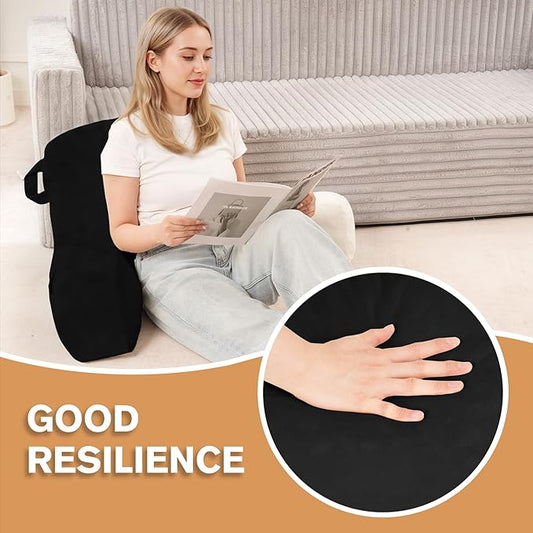 Portable Comfy Reading Pillows for Bed Sitting Up(Black Oeko-Tex), Velvet Back Pillow with Arms & Pockets for Adults, Support Memory Foam Bed Pillow for Dorm/Reading/Watching/Gaming