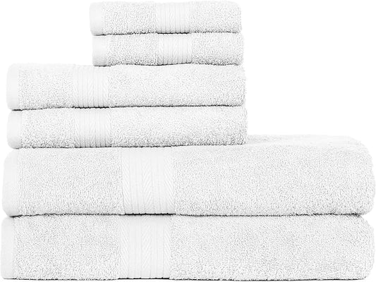 Ample Decor Bathroom Towel Set of 6-2 Hand Towel, 2 Bath Towel, 2 Wash Cloths - 600 GSM 100% Cotton - White
