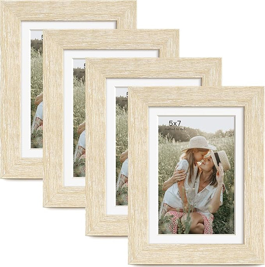 5x7 Picture Frame with Mat for 4x6, Natural Wood Grain 5 x 7 Gallery Wall Picture Frames for Tabletop or Wall Mounting(4 Pack, Natural)