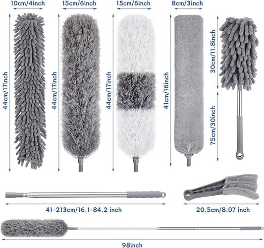 9PCS Dusters for Cleaning,Extendable Microfiber Duster with Extension Pole Up to 100'',Bendable Washable and Reusable Dusters Kit for Ceiling Fans, High Ceilings,Blinds,Furniture and Cars