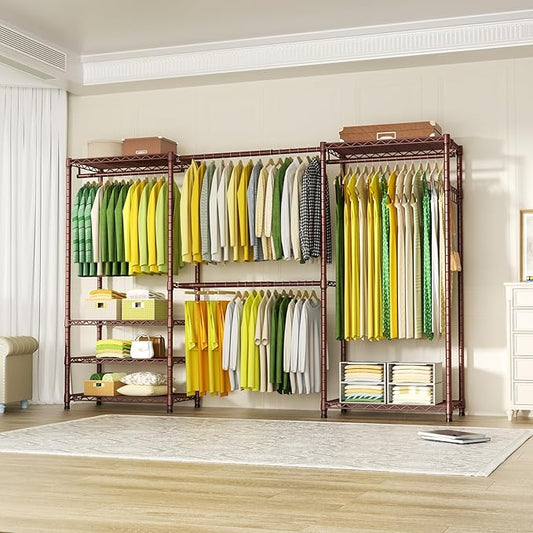 Ulif E1 Heavy Duty Closet Garment Rack, 6 Tiers Adjustable Metal Freestanding Expandable Clothing Storage with 4 Hanger Rods, Easy to Assemble Wardrobe, 71.4" H x (70" - 88.2") L x 14" D, Bronze