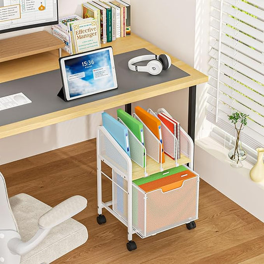 Rolling File Cabinet with Adjustable Dividers, Mobile Filing Cabinet with Storage Drawer on Lockable Wheels, Hanging File Organizer Beside Under Desk for Office, Home, White(Patent Pending)