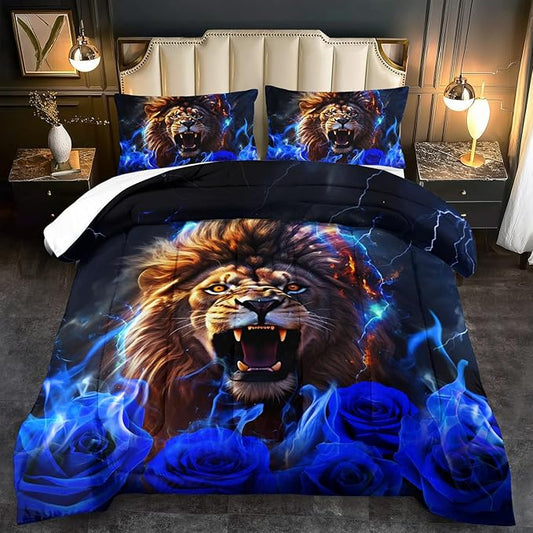 Lion Blue Comforter Set Queen,Lion Bedding Set Boys,Animal Print Comforter Bedroom Decor for Home,Vintage Floral Quilt,Blue Flower Bedding Adult,Tiger Quilt Bed Decor Teen