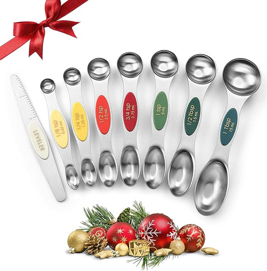 Spring Chef Stainless Steel Magnetic Measuring Spoons Set of 8 with Leveler, Metal Teaspoon & Tablespoon Measure Spoons Set for Baking & Cooking, Stackable & Double Sided Kitchen Gadgets - Very Merry