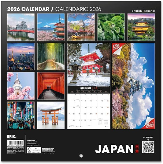 Japan Wall Calendar 2026 12" x 12" FSC® Plastic Free - Starts Week On Sunday | Family Planner Travel Calendar 2026