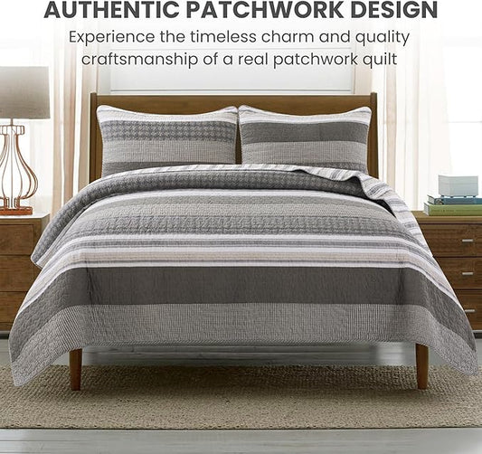 Soul & Lane Madrona 3-Piece Pieced Cotton Quilt Set - King Size with 2 Shams, Modern Masculine Quilted Bedspread in Brown and Gray, Contemporary Striped Bedding for Men's Bedroom