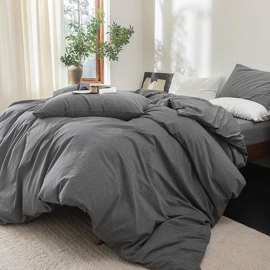 FOSSA Duvet Cover Set 100% Washed Cotton Linen Feel Super Soft Breathable Cozy 3 Pieces Bedding Sets Solid Dark Grey Super King Plus
