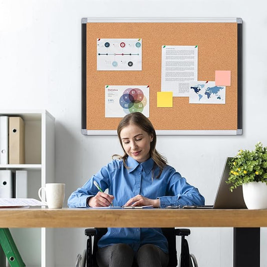 Board2by Cork Board Bulletin Board 24" x 18", Black/Sliver Aluminium Framed Corkboard, Office Board for Wall Decor, Large Wall Mounted Notice Pin Board with 18 Push Pins for School, Home & Office