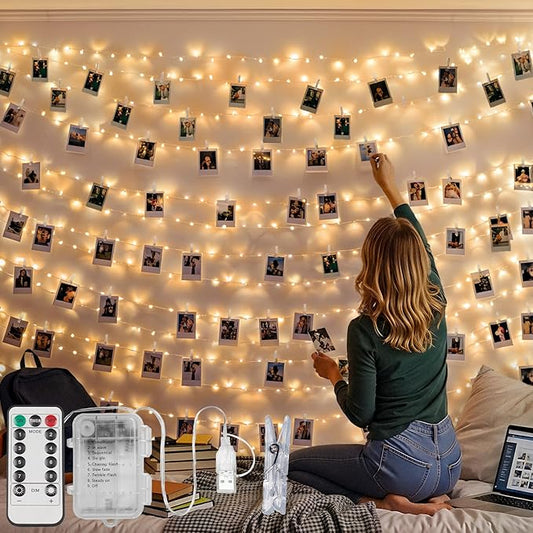 SUDDUS 16ft 50LED Fairy Lights with 22 Clips, Battery/USB Operated Photo Twinkle Lights with Remote Control & Timer, Waterproof Indoor Outdoor String Lights for Wedding Bedroom Dorm Decor (Warm White)