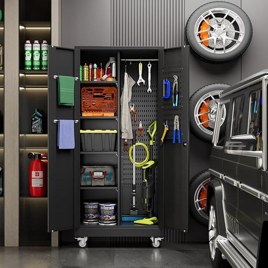 SUXXAN Broom Closet Storage Cabinet with Wheels 71.4"x 31.5"x15.7", Metal Cleaning Cabinets with Hooks and Hanging Rods, Lockable Cabinet with Pegboard, Adjustable Shelf,for Garage, Laundry Room