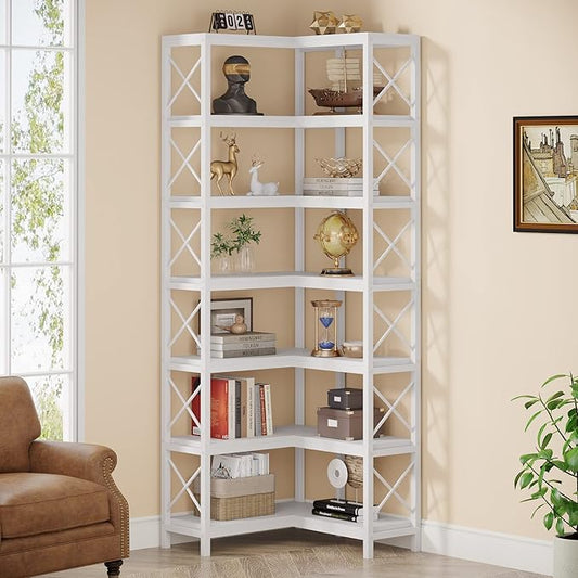 Tribesigns 7-Tier Corner Bookcase, Industrial Large Corner Bookshelf, 7-Shelf Tall Corner Shelf Storage Display Rack with Metal Frame for Living Room Home Office, White