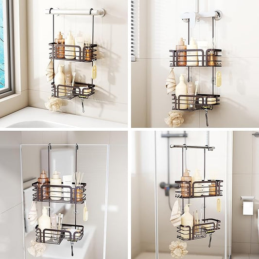 SWTYMIKI Shower Caddy Hanging Organizer - Over the Door Shower Caddy with Soap Holder, 11 Hooks, 2 Installation Ways, Stainless Steel Rustproof Bathroom Organizer, Bronze
