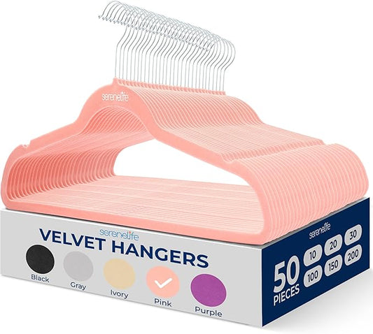 SereneLife 50 Pack Velvet Hangers - Non-Slip, 360° Swivel Hook - Ultra-Thin, Lightweight Velvet Hangers for Shirts, Sweaters, Hoodies, Kids Clothes & Dresses - Space-Saving