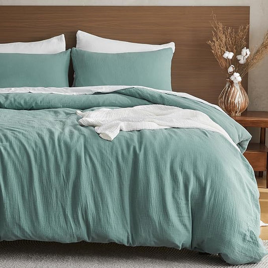 EMME Muslin Cotton Duvet Cover Set Teal Queen Size Linen Like Soft Breathable Lightweight Summer Comforter Cover Set with Zipper Closure (Teal, Queen, 90"x90")