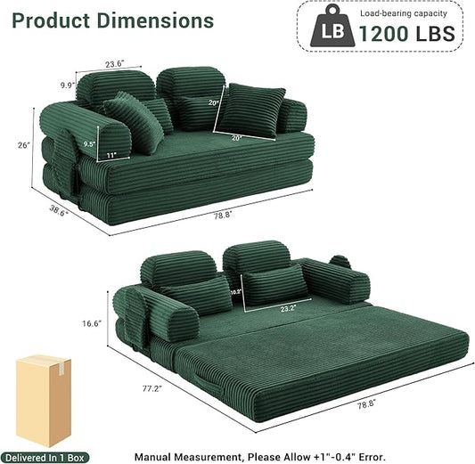 Convertible Sofa Bed with Fixed Frame, Corduroy Futon Boneless Couch with Pillow Headrest, No-Assembly Floor Sofa 79" Extra-Wide Sleeper for Living Room, Bedroom, Lounge, Studio (Dark Green)