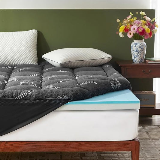 BEDLORE California King Memory Foam Mattress Topper 4 Inch,2-in-1 Dual Layer Design (2"Gel Memory Foam + 2"Plush Pillow Top Cover) Mattress Topper Medium-Firm,Pressure Relief & Back Pain Support(Gray)