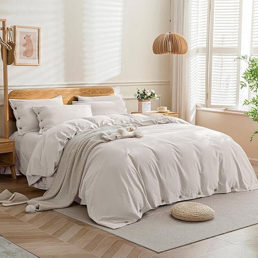 JELLYMONI Cotton Duvet Cover Full Size - Beige Comforter Cover with Button 100% Washed Cotton 3PCS Breathable Soft Solid Bedding Set Duvet Cover 80×90in & 2 Pillowcases (NO Comforter)
