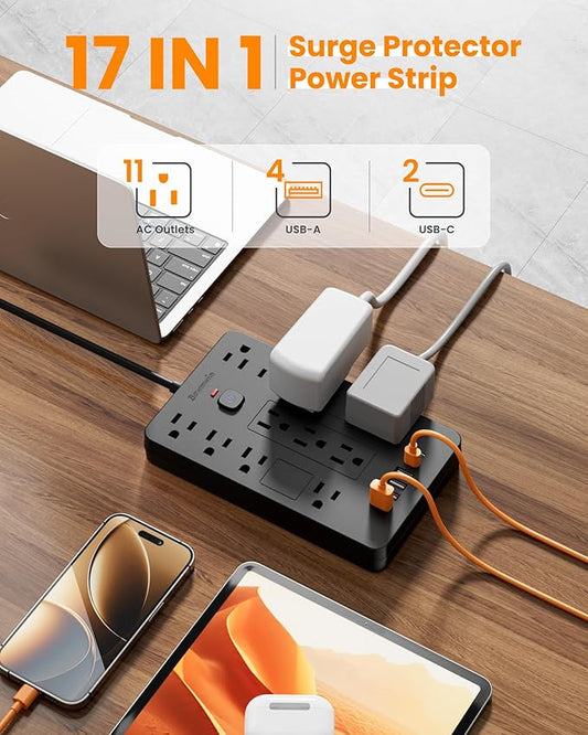 Surge Protector Power Strip - 11 Outlets(1850W/15A) with 6 USB Ports(2 USB C), 10FT Flat Plug Extension Cord, Wall Mount, Black, ETL Listed for Home, Dorm Room