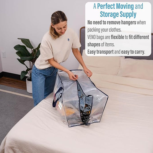 VENO 8 Pack Moving Bags w/Backpack Straps, Heavy Duty, Moving Boxes Alternative, Packing Supplies, Large Storage Totes for Dorm Room Essentials with Zipper for Clothes (Clear, 8 Pack)