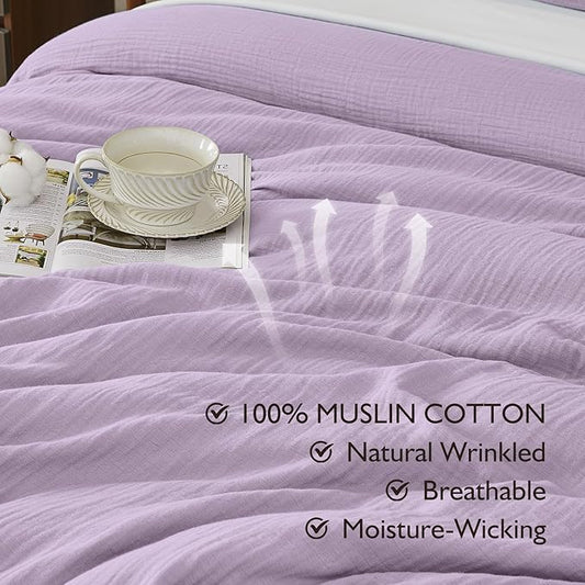 EMME Muslin Cotton Duvet Cover Set Lavender Queen Size Linen Like Soft Breathable Lightweight Summer Comforter Cover Set with Zipper Closure (Lavender, Queen, 90"x90")