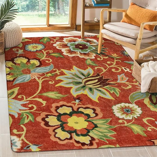 Lahome Floral 4x6 Red Area Rugs, Washable Throw Soft Rug for Bedroom Non-Slip, Paisley Print Fall Carpet for Christmas Living Room Dinning Room Entryway Kitchen Office (4'x6', Red)