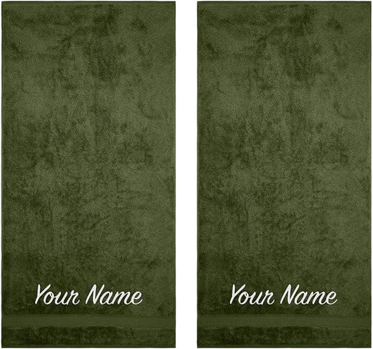 Personalized Towels, Hotel & Spa Quality, Super Soft, Highly Absorbent, 100% Turkish Genuine Cotton Monogrammed 2 Piece Bath Towel Set for Bathroom, Spa, Gym, Shower, Pool, College Dorm, Forest Green