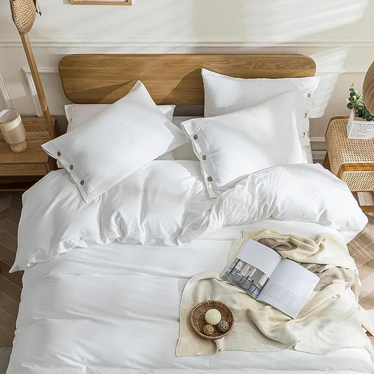 JELLYMONI Cotton Duvet Cover Twin XL Size - Bright White Comforter Cover with Button 100% Washed Cotton 2PCS Breathable Soft Solid Bedding Set Duvet Cover 66×92in & 1 Pillowcase (NO Comforter)