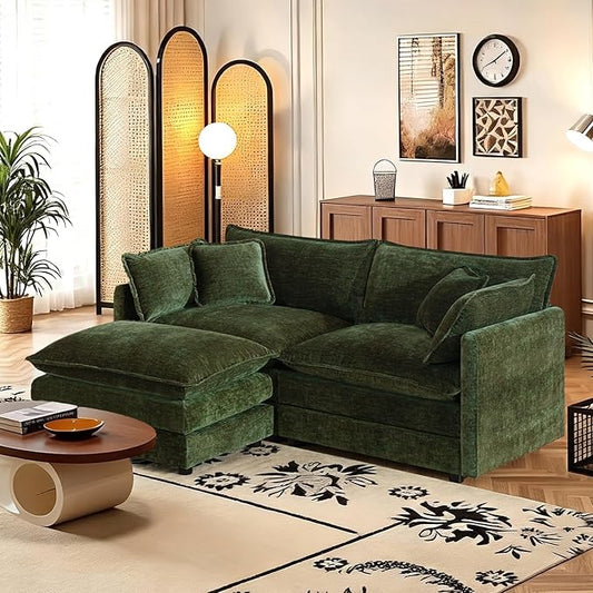 SoarFlash Chenille Sectional Sofa, Comfy L Shaped Modular Coush Sofa with Ottoman, Modern 2 Seat Couch Deep Seat Sofa Set for Living Room,Green