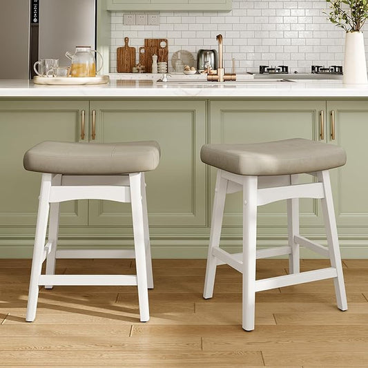MAISON ARTS Beige Counter Height Bar Stool for Kitchen Counter Solid Wood Legs with Faux Leather Saddle Seat Farmhouse Barstools for 34"-38" Counter Island Upholstered Stools, 24in Height