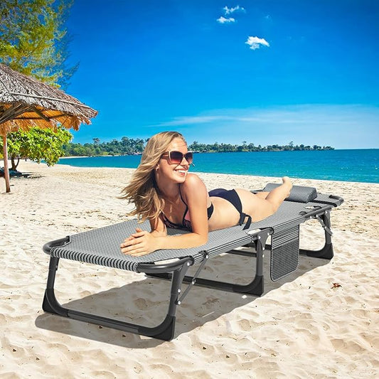 DoCred Heavy Duty Chaise Lounge Chair, Adjustable 5-Position Folding Chaise Lounge Chairs for Outside, Portable Lay Flat Beach Lounge Chair for Outdoor Sunbathing Beach Pool Lawn Camping