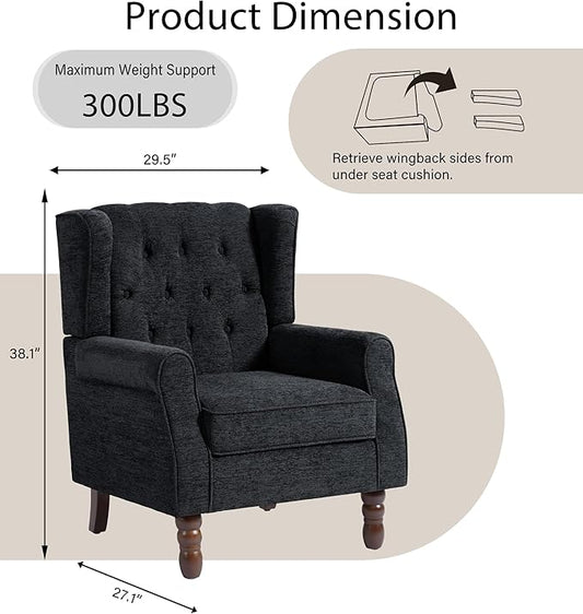 Lumibee High Back Accent Chair,Upholstered Wingback Armchair with Solid Wood Legs for Small Spaces,Comfy Single Sofa Chair for Living Room,Bedroom,Office-Black Blue