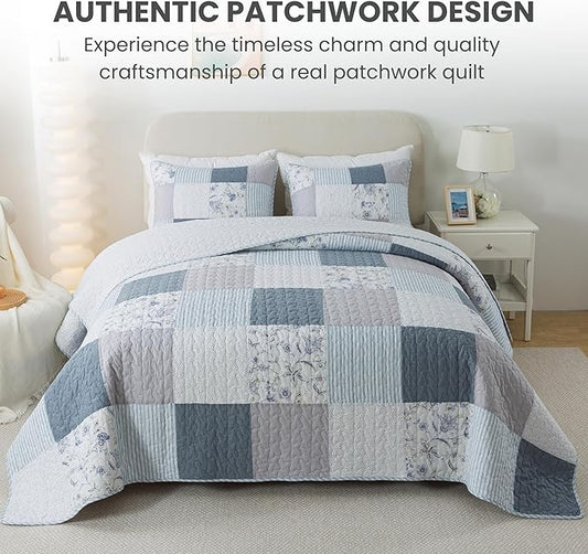 SLPR Coastal Dream Cotton Pieced Quilt Set - Queen Size with 2 Shams, Soft Purple & Blue Patchwork Quilted Bedspread, Farmhouse Country Style Bedding for All Seasons