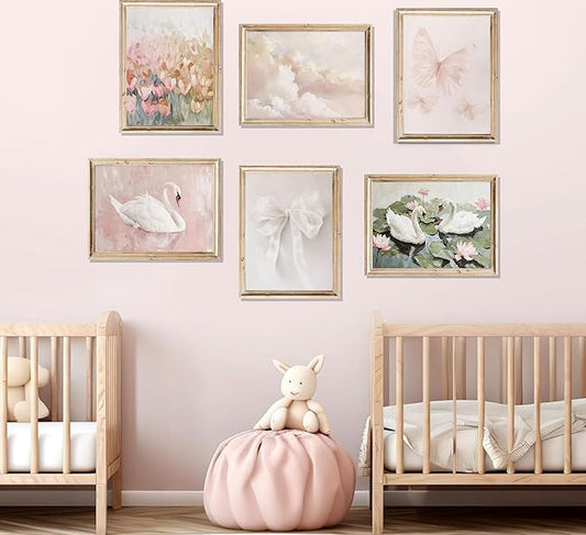 6Pcs Coquette Wall Art Pastel Pink Trendy Canvas Bow Posters White Swan Preppy Painting Butterfly Pictures Aesthetic Floral Prints Nursery Wall Decor for Teen Girls Bedroom College Dorm Unframed