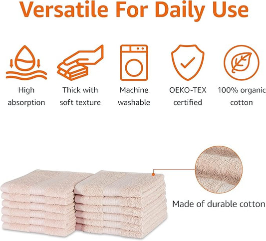 Amazon Basics Fade-Resistant 100% Cotton Washcloth, 12 Pack, 12"x12", Blush Pink