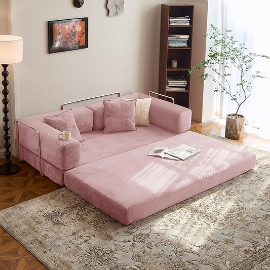 78.8" Convertible Sofa Bed -Compression Sofa with Corduroy Fabric - with Armrests and Backrest - Modular Sectional for Living Room, Bedroom, Studio - Compression Sofa in Box(Pink)