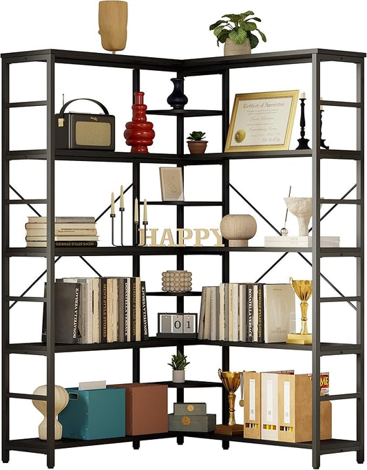 IRONCK Industrial Bookcases and Bookshelves, 5-Tiers Corner Bookcase with Curved Panels, L Shaped Shelf with Metal Frame for Open Storage for Living Room Home Office, Black