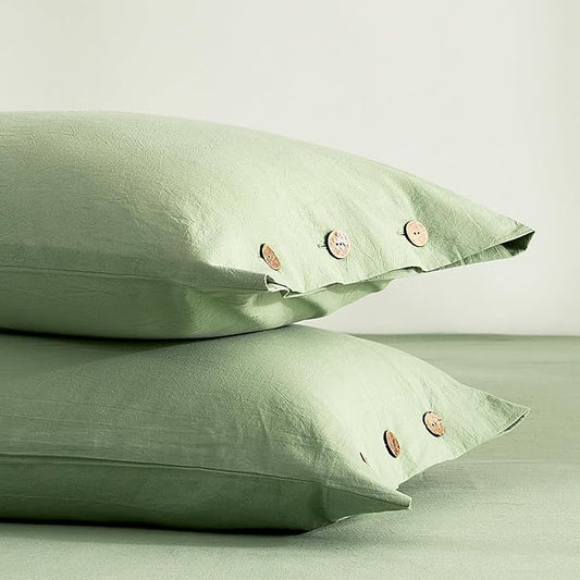 JELLYMONI 100% Washed Cotton Standard Pillowcases Set, 2 Pack Linen-Like Texture Breathable Pillow Covers with Button Closure,Mint Green Standard 20"×26"(Pillows are not Included)