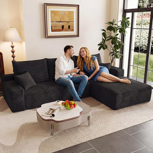 95" Modular Sectional Couch, Boneless L Shaped Cloud Sofa with Chaise Lounge, Corduroy Upholstered Couches Memory Foam Deep Seat, No Assembly Required, Ideal for Living Room(Black, Right Facing)