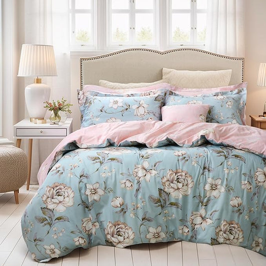 FADFAY Shabby Floral Duvet Cover Set Farmhouse Bedding Blue Cotton Summer Bedding with Hidden Zipper Closure 3 Pieces, 1duvet Cover & 2pillowcases (Twin Size, Simple Style)