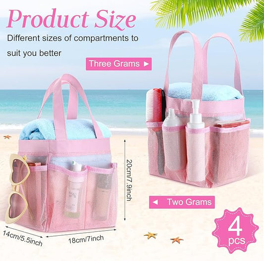 Hillban 4 Pcs Mesh Shower Caddy Portable Large Quick Dry Shower Caddy Basket with Deeper 8 Pockets and 2 Handles Hanging Bag for College Dorm Room(Pink)