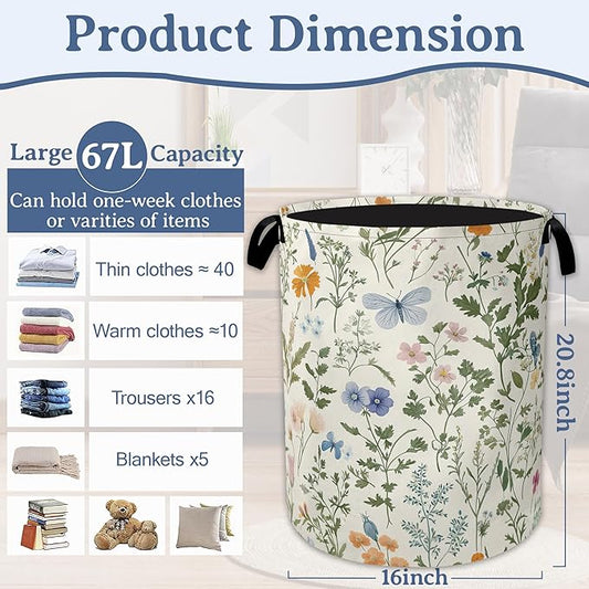 Wildflowers Laundry Hamper With Handle,Foldable Oxford Cloth Vintage Plants Herb Flower Butterfly Laundry Basket,20.8"x16" Clothes Storage Basket for Laundry Room/Bedroom/Bathroom