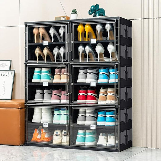 JEKO&JEKO 6 Tiers Foldable Shoe Rack Organizer Cabinet for Closet Entryway, Large Collapsible Shoe Storage Box with Magnetic Doors (Black)